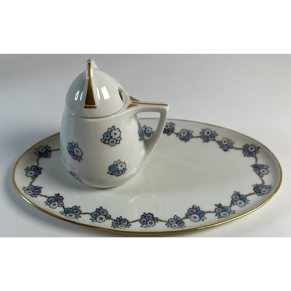 Vintage MZ Austria Dish & Creamer Set With Purple and Blue Hand Painted Flowers